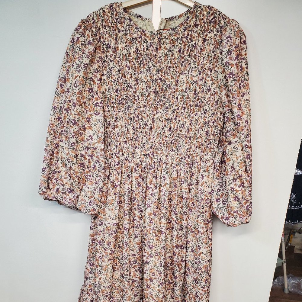 maple and cliff floral maxi dress with smocked top and ruffle on the bottom